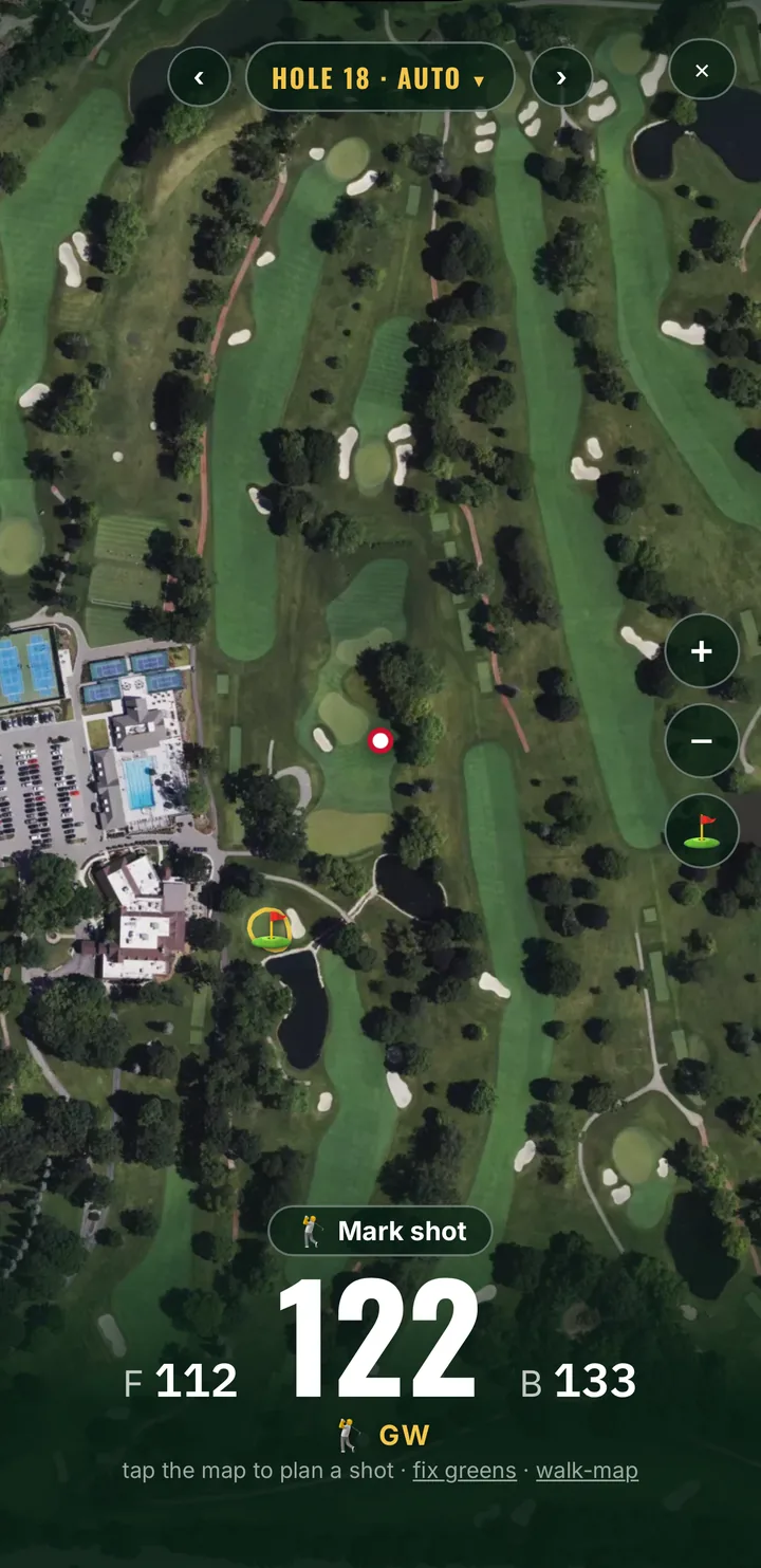 GPS yardage to the green on a mapped hole in The Cut.