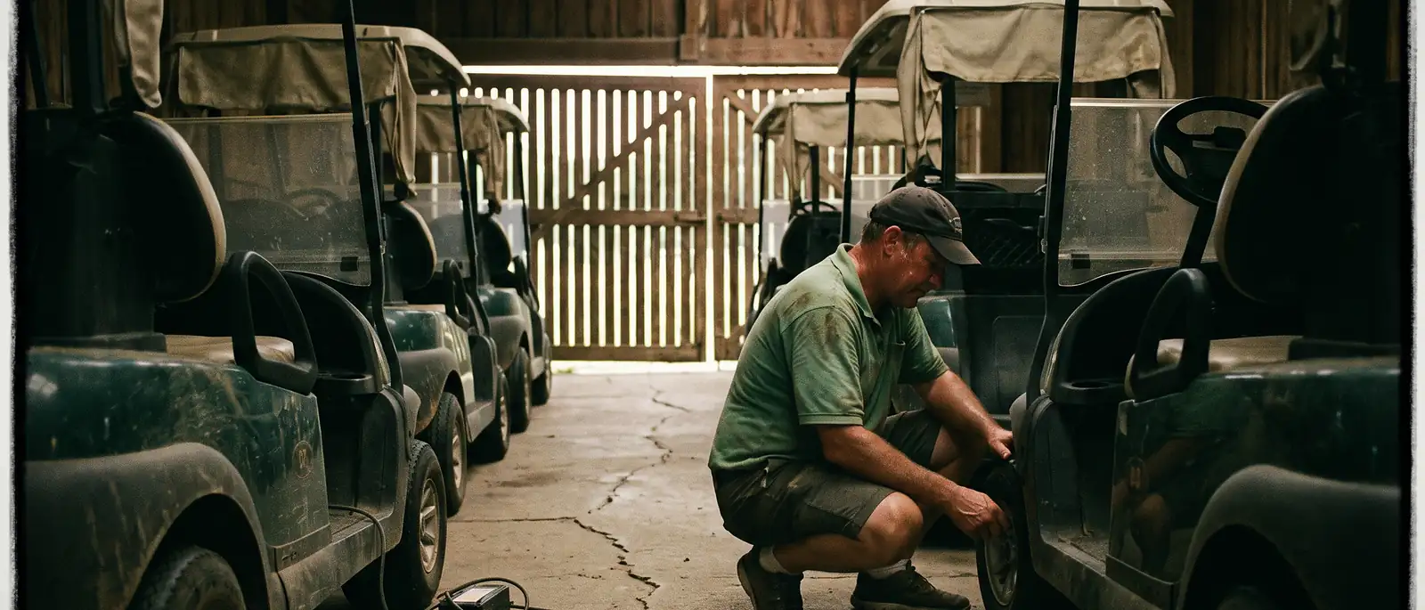 A member of the grounds staff working on a golf cart in the cart barn before dawn, a row of carts lined up under the roof.