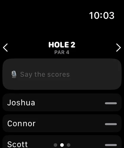 The Cut on Apple Watch showing hole 2 and voice score entry for three golfers.